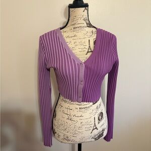 Purple Two-Tone Ribbed V-Neck Cardigan